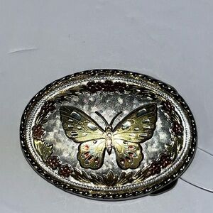 Western Butterfly Belt Buckle Coastal Cowgirl Floral Inlay Vtg 80s W USA